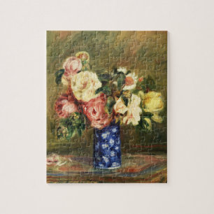 Quebra-cabeça Buquê de Rosas Rosa Vintage Renoir em Vaso Azul Ar