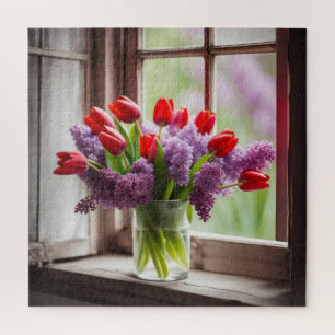 Quebra-cabeça Buquê de Tulipa Vermelha e Lilás