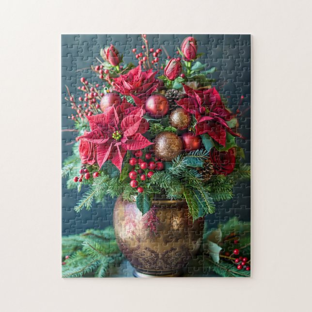 Quebra-cabeça Buquê Festivo de Natal com Pinheiro e Poinsettia (Vertical)