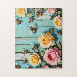 Quebra-cabeça Busy Bees with Pink and Yellow Roses on Old Fence