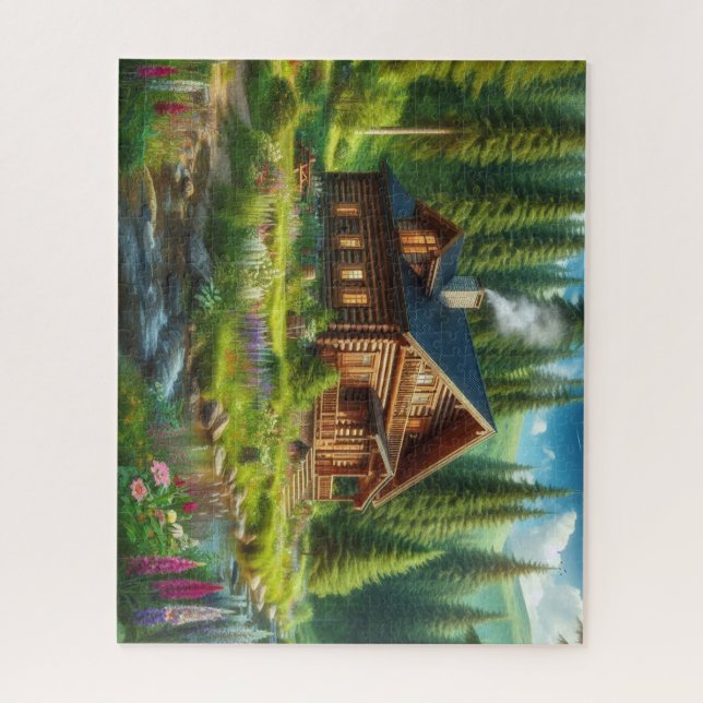 Quebra-cabeça Cabana, Córrego e Flores na Floresta (Vertical)