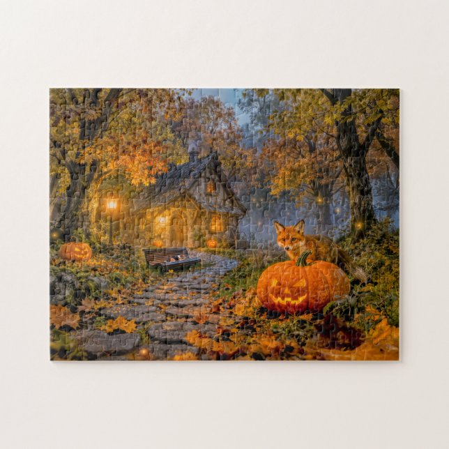 Quebra-cabeça Cabana de Halloween na Floresta com Raposa (Horizontal)