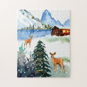 Quebra-cabeça Cabana de montanha de inverno com cervos Puzzle