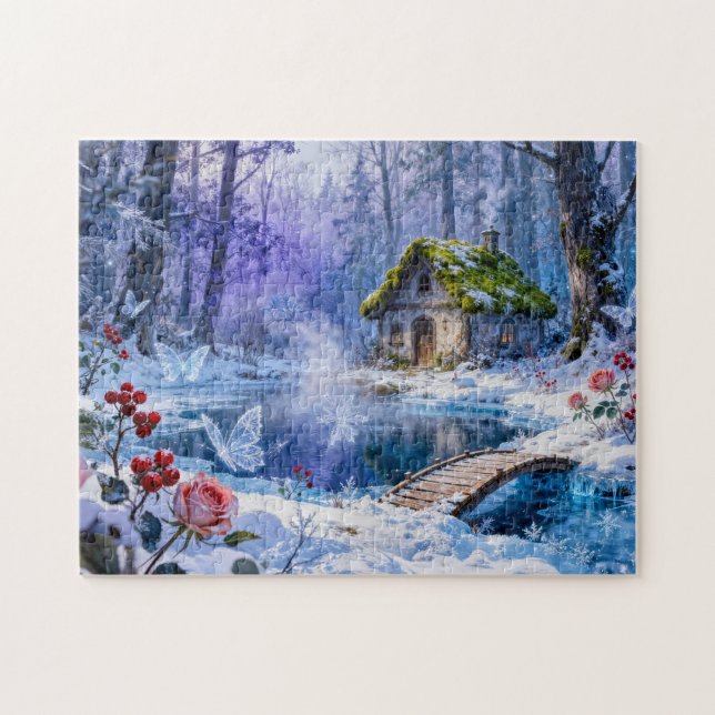 Quebra-cabeça Cabana Encantada na Floresta Nevada com Ponte e Br (Horizontal)