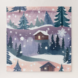 Quebra-cabeça Cabana na Montanha Nevada Aquarela