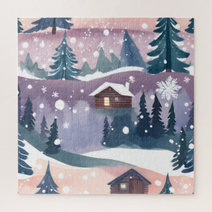 Quebra-cabeça Cabana na Montanha Nevada Aquarela