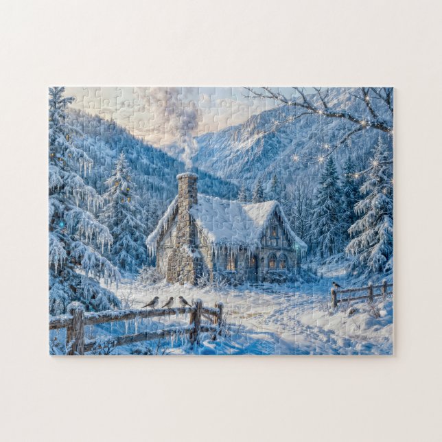 Quebra-cabeça Cabana na Montanha Nevada com Fumaça e Pinheiros P (Horizontal)