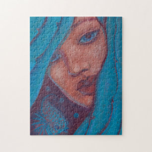 Quebra-cabeça Cabelo Azul, Retrato Sereia Fantasia Rapariga Arte
