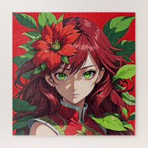Cabelo Vermelho Vibrante e Retrato de Flor