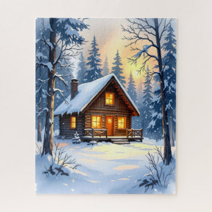 Quebra-cabeça Cabina de inverno confortável na floresta de neve