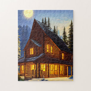 Quebra-cabeça Cabine De Log Na Floresta, Arte Da Paisagem Da Nev