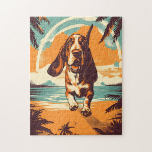 Quebra-cabeça Caça-Basset na praia tropical durante o pôr do sol