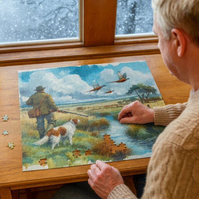Quebra-cabeça Caçadores de Aquarelas de Pheasant com pescoço em  (Winter hunting puzzle great indoor gift for cold days, nature lovers, and cozy cabin afternoons.)