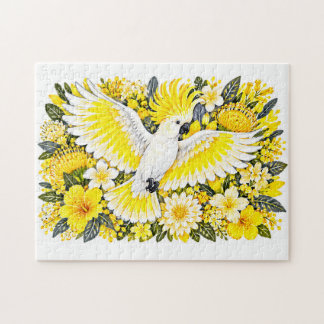 Quebra-cabeça Cacatua de Crista Sulfúrea Hibisco Amarelo Ilustra