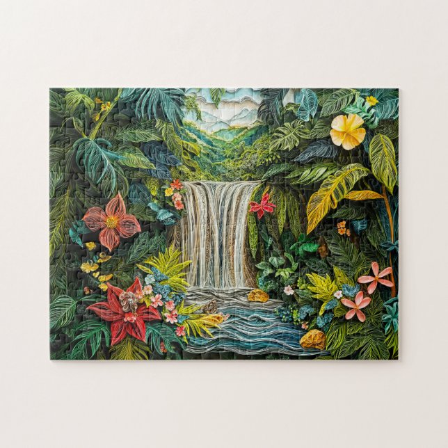 Quebra-cabeça Cachoeira Tropical em Vibrante Estilo de Quilling (Horizontal)