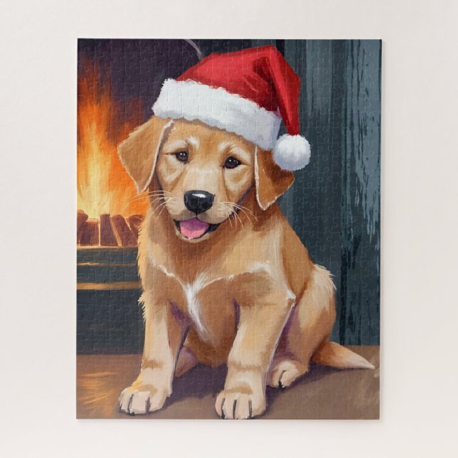 Quebra-cabeça Cachorrinho Alegre | Cachorro Chapéu de Papai Noel (Vertical)