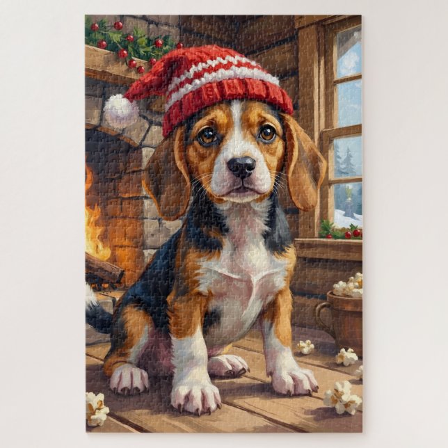 Quebra-cabeça Cachorrinho Beagle Alegre em Gorro de Meia Aconche (Vertical)