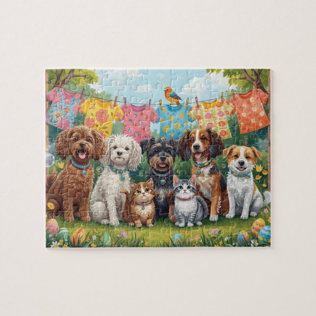 Quebra-cabeça Cachorrinhos Felizes e Gatinhos no Jardim de Prima (Horizontal)