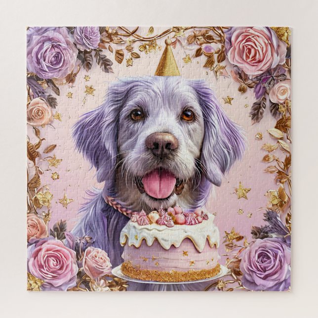 Quebra-cabeça Cachorro Adorável de Aniversário com Bolo de Celeb (Vertical)