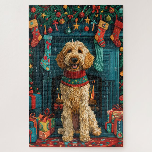Quebra-cabeça Cachorro Afegão com Lareira de presentes de Natal (Vertical)