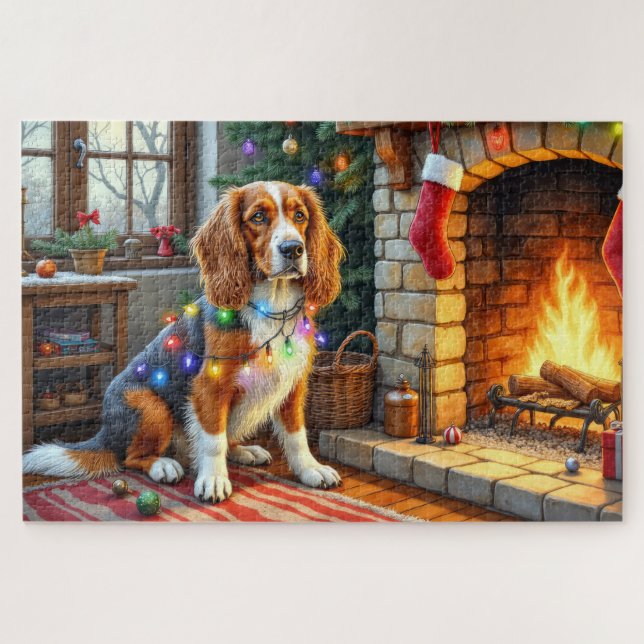 Quebra-cabeça Cachorro Afegão Lareira com Luzes de Natal (Horizontal)