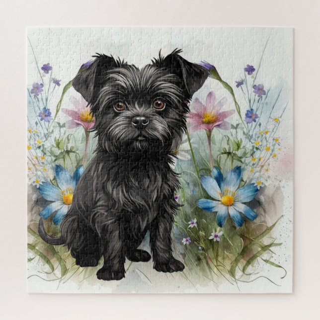 Quebra-cabeça Cachorro Affenpinscher Fofo em um Campo de Flores  (Vertical)
