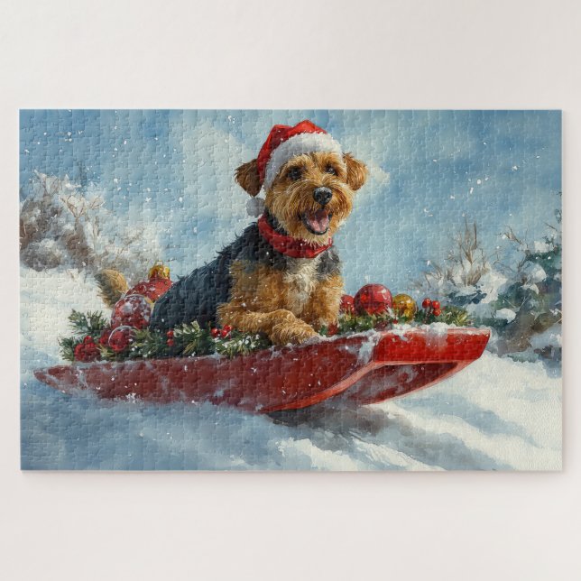 Quebra-cabeça Cachorro Airedale no Trenó Deixe Nevar Natal (Horizontal)