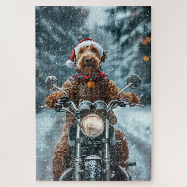 Quebra-cabeça Cachorro Airedale Pilotando Moto Natal (Vertical)