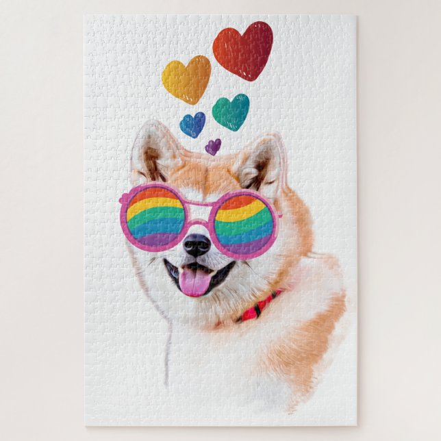 Quebra-cabeça Cachorro Akita com Corações Dia dos Namorados  (Vertical)