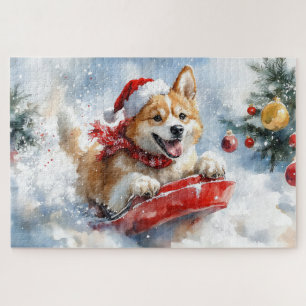 Quebra-cabeça Cachorro Akita em Trenó Deixe Nevar Natal