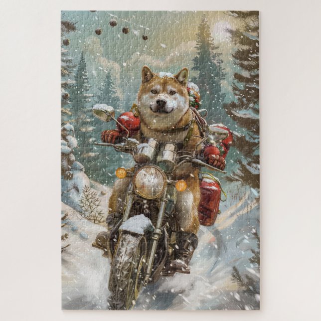 Quebra-cabeça Cachorro Akita Pilotando Moto Natal (Vertical)