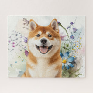 Quebra-cabeça Cachorro Akita Shiba Inu com Flores de Aquarela Az