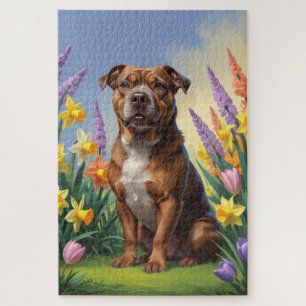 Quebra-cabeça Cachorro American Staffordshire Flores de Primaver