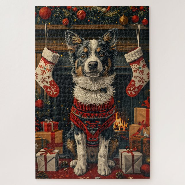 Quebra-cabeça Cachorro Azul com Lareira de presentes de Natal (Vertical)