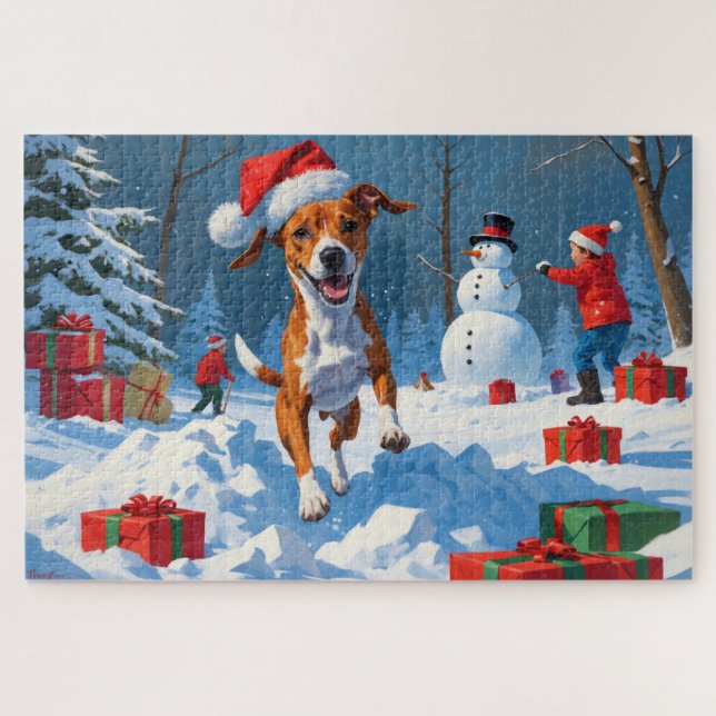Quebra-cabeça Cachorro Basenji Brincando na Cena de Inverno com  (Horizontal)