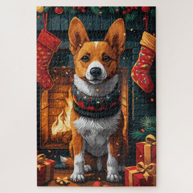 Quebra-cabeça Cachorro Basenji Com Lareira De Presentes De Natal (Vertical)