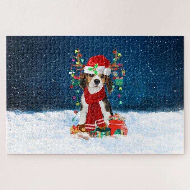 Quebra-cabeça Cachorro Beagle com presentes de Natal (Horizontal)