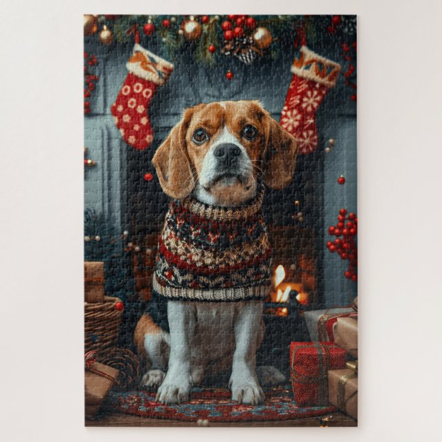 Quebra-cabeça Cachorro Beagle com Presentes de Natal Lareira (Vertical)