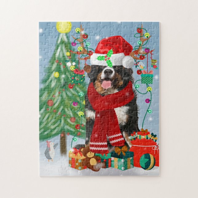 Quebra-cabeça Cachorro Bernês na neve com presentes de Natal (Vertical)