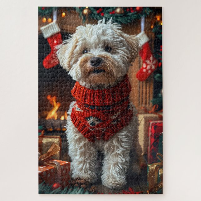 Quebra-cabeça Cachorro Bichon Frise com Presentes de Natal Larei (Vertical)
