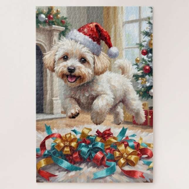 Quebra-cabeça Cachorro Bichon Frise Fofo Natal Alegre (Vertical)