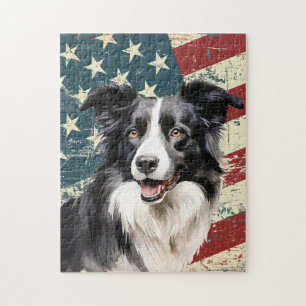 Quebra-cabeça Cachorro Border Collie com Bandeira Americana Grun