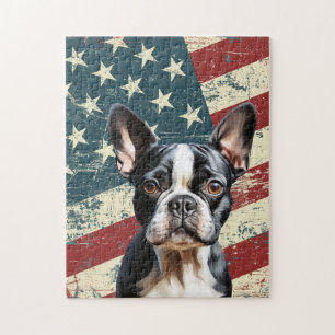 Quebra-cabeça Cachorro Boston Terrier Bandeira Americana Grunge