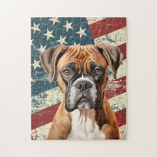 Quebra-cabeça Cachorro Boxer com Bandeira Americana Grunge (Vertical)