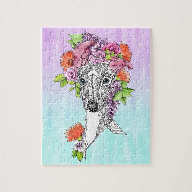 Quebra-cabeça Cachorro-branco italiano desenhando flores arte (Vertical)