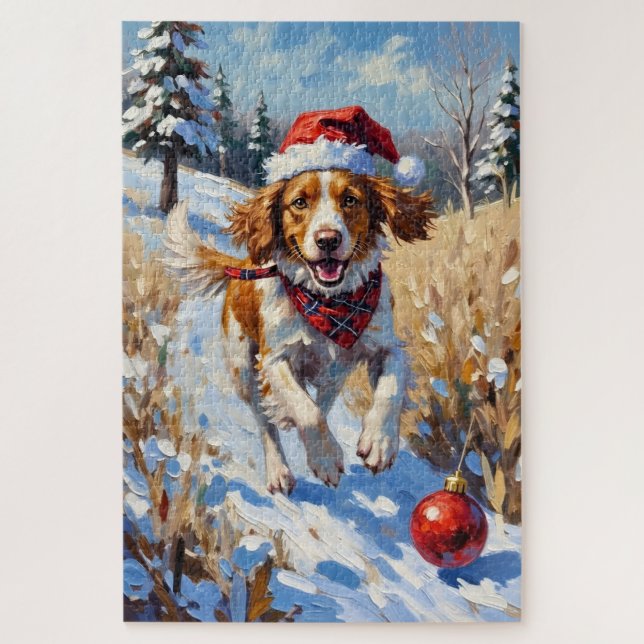 Quebra-cabeça Cachorro Bretão perseguindo enfeite de Natal (Vertical)