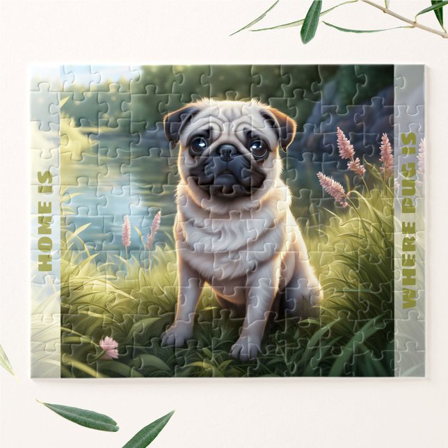 Quebra-cabeça Cachorro Cachorro Cachorro Nome Personalizado (Cute Dog Pug Puppy Custom Name Jigsaw Puzzle)