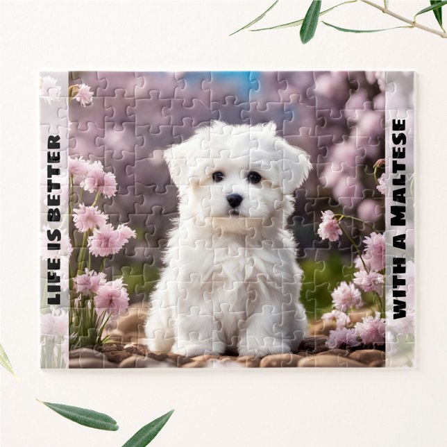 Quebra-cabeça Cachorro Cachorro Maltês Puppy Primavera Floral No (Cute Dog Maltese Puppy Spring Floral Custom Name Jigsaw Puzzle)