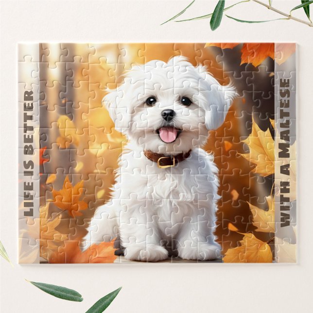 Quebra-cabeça Cachorro Cachorro Maltês Puppy Pumpkin Queda Nome  (Cute Dog Maltese Puppy Pumpkin Fall Autumn Name Jigsaw Puzzle)