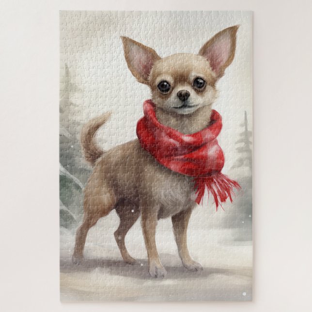 Quebra-cabeça Cachorro Chihuahua na neve Natal  (Vertical)